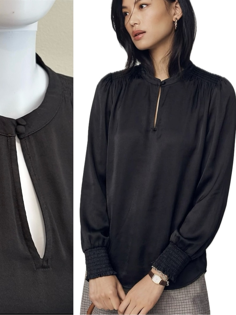 LOFT Black Satin Blouse Womens Size Small Smocked Long Puff Sleeve Fairy Goth